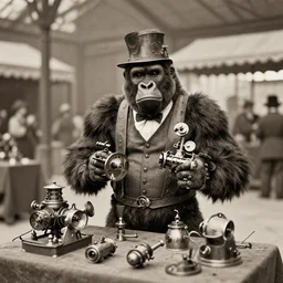 A gorilla gentleman showing his steampunk inventions at 1893 Chicago world's fair, vintage photograph