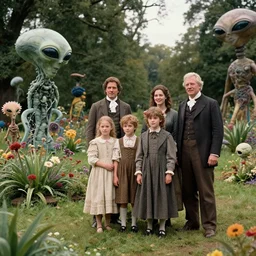 sharp, highly detailed, 43456k film, 161800mm film still from a sci fi blockbuster color movie made in 2019, set in 1860, of a family standing in a park, next to some strange alien plants and flowers, on an alien planet, the family are all wearing 1860s era clothes, good lighting, good photography, ultra high definition, in focus, 35mm macro lens