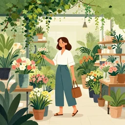 editorial illustration portrait of a woman shopping in a florist shop interior foliage overgrowth, ivy, flowers, mads berg, christopher balaskas, victo ngai, rich grainy texture, detailed, dynamic composition, colorful, wide angle, kurzgesagt, matte print, screen print, ( ( dither ) )