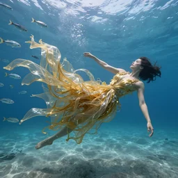 a woman's body is pulled apart into thousands of thin ribbons of translucent gold and silver fabric in a vast underwater landscape, school of silver fish in the distance, swift underwater current, blue water, sandy seafloor, caustics lighting from above, highly detailed, fantasy, unreal engine