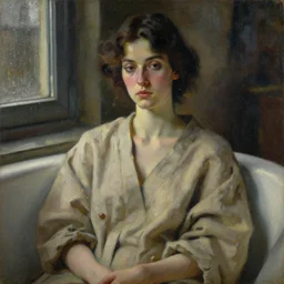 detailed portrait in comfortable femininity, ethnic, statuesque, relaxed realistic face, casual wear, cozy study bathed in morning light, chiaroscuro, radiosity, angular impressionism, contrasting highlights, calm neutral color scheme, rainy window dappled light, modern fashion, contemporary fine art, deep rich hues, oil on canvas, klimt