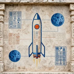 mayan hieroglyph blueprints showing how to build a rocket ship to the moon, stone carving, colorful, glyphs, rocket, wall of a tomb, highly details, realistic, cinematic lightning, medium shot, mid-shot, highly detailed, trending on artstation, Unreal Engine 4k