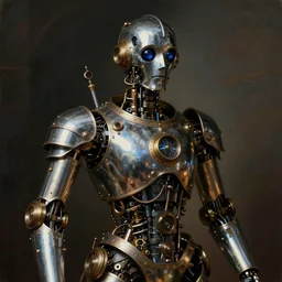 a portrait of a shiny metallic renaissance steampunk robot, in the style of Jan van Eyck,