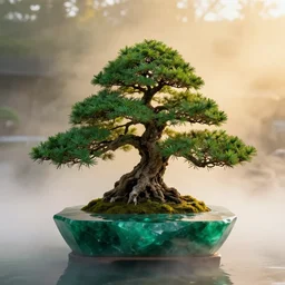 photo bonsai cedar on a small angular cnn precious emerald in the water, gold hour, soft lighting, fog, medium full shot, volumetric lighting, beautiful, ultra detailed, cgsociety by leesha hannigan, thierry doizon, 3 5 mm, fujifilm, cinematic, realistic