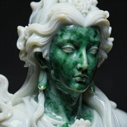 a dark baroque close - up portrait of a deep green and white porcelain being made out of white sci - fi vitrified translucent ceramic marble ; china. reflective detailed textures. gloomy black background. highly detailed fantasy science fiction painting by moebius, norman rockwell, frank frazetta, and syd mead. rich colors, high contrast. artstation