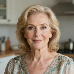 portrait photograph of an extremely beautiful!!!! Older female , symmetric face!, symmetric round detailed eyes!!, slight smile, natural light, wearing a intricate dress!! Dusty blonde hair. . Bright brown eyes. in a kitchen. . looking at the camera!!. super resolution. Extremely detailed. Graflex camera!, bokeh!!!!! trending on artstation.