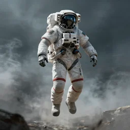 full body concept ar of a cyborg astronaut, hovering above ground, smoke surrnounding him, cinematic, sci - fi concept art, octane render, greg rutkowski, brush strokes