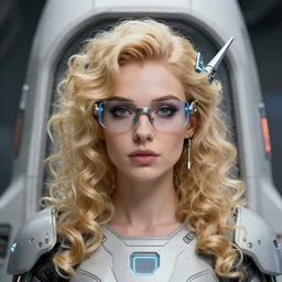 vertical photo of polish female in primitive space ship, blonde, curly hair, symmetrical beautiful face, cyberpunk glasses, cyberpunk decorations and jewelry, native costume, standing in the primitive tent, fashion editorial photography, hyperrealistic, from vogue magazine, reflections, refraction, gold, teal, orange