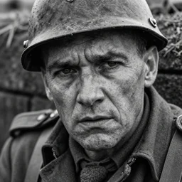 A soldier in despair in a world war 1 trench, close-up, realistic face, beautiful face detail, mature facial features, black and white, amazing digital art, hyper detailed, artstation, in the style of Tony Sart