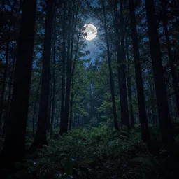 a forest under moonlight, dreamlike, calm