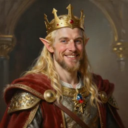 A bright, happy painting of an Elven King, hyperrealistic, high-quality, professional, dramatic lighting, extremely high detail, trending on artstation