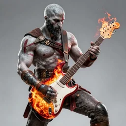 raging kratos shredding on a flaming stratocaster guitar, cinematic render, god of war 2 0 1 8, santa monica studio official media, lightning, stripe over eye