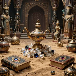 epic view of an ancient dark byzantine interior, ornate oil lamp on a pile of crystals, books covered in jewels, ornate, surrounded by strange statues and treasure, full of sand and dust, hyper real, Indiana Jones, Tomb Raider, trending on artstation, concept art, cinematic, jewels, by Greg Rutkowski