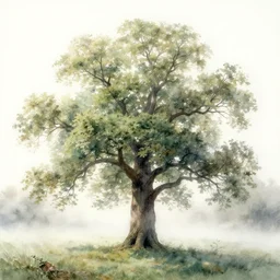 watercolor painting of oak tree in foggy spring, cold morning, mythological art by hans gude, romance art by hans dahl, by jesper ejsing, art by anders zorn, wonderful masterpiece by greg rutkowski, cinematic light, american romanticism by greg manchess, creation by tyler edlin