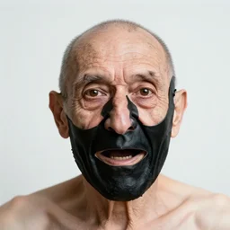 portrait photo of an old wrinkled man, skinny face, bony face, long nose, crooked nose, large full mouth, black pulcinella masquerade mask, pointy conical hat, white wrinkled shirt, presenting pizza, black background, close - up, skin blemishes, menacing, intimidating, masterpiece by diane arbus
