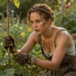 a beautiful romanticism painting of ( ( ( jennifer lawrence ) ) ) sweaty, tending to the garden, symmetrical face, beautiful eyes, cottagecore, artstation, 8 k, highly detailed, warm natural lighting, sunlight