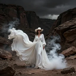 1 9 7 0's artistic western, a woman in a giant flowing incredibly long dragging white dress made out of white smoke, standing inside a dark western rocky scenic landscape, volumetric lighting