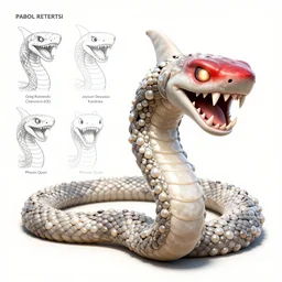 Pearl white mechanical serpent shark character design sheet, Monster Hunter Illustrations art book, sharp teeth, crimson red gradient on its face, long and sharp tail, bright shining eyes, Moebius, Greg Rutkowski, Zabrocki, Karlkka, Jayison Devadas, Phuoc Quan, trending on Artstation, 8K, ultra wide angle, zenith view, pincushion lens effect.