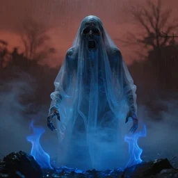 ghost, disfigured, translucent, horrific, ghastly, distressed scream, foreboding twilight, misting rain, concept art, muted rich colors, cinematic, blue flames, volumetric blue fog, roger deakins lighting, dark atmosphere, high octane render, 4 k, hyper detailed