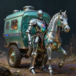 adventurer ( ( ( ( ( 1 9 8 0 s retro future robot medieval knight horse wagon rv offroad robot. neon colors. ) ) ) ) ) by jean baptiste monge!!!!!!!!!!!!!!!!!!!!!!!!! chrome teal