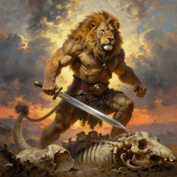oversized muscular lion as barbarian with chest armor and sword in epic battle pose  standing on dead elephant skeleton, very textured detailed oil painting panoramic backlight portrait by rembrandt, backlight, dramatic clouds ,sunset