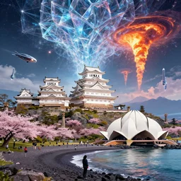 futuristic renaissance megapolis with himeji castle and lotus temple on waiʻanapanapa state park black beach of maui during interstellar crystalized fractal kaleidoscope glass sky, blazing fire tornadoes, lush sakura, advanced civilization, high tech spaceships, by peter mohrbacher, james jean, james gilleard, greg rutkowski, rule of thirds, octane render, beautiful