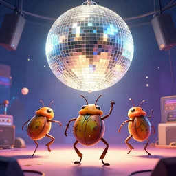 a cartoon featuring bugs dancing below a disco ball to dubstep music. bright scene. fine detail. this 4 k hd image is trending on artstation, featured on behance, well - rendered, extra crisp, features intricate detail, epic composition and the style of unreal engine.