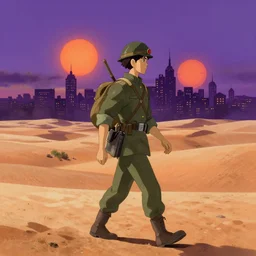 detailed concept art background studio ghibli, soldier roaming through desert with city in the skyline, two suns, purple orange colors, sharp focus, illustration, highly detailed, digital painting, concept art, matte, art by wlop and artgerm and greg rutkowski, masterpiece