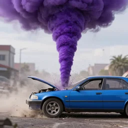 purple tornado sucking up blue car, realism, 4k, photograph