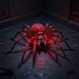 a glowing red spider in a very dark room, scary