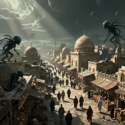 alien planet with islamic culture with busy merchant filled streets where souless shadow creatures patrol the masses. artstation