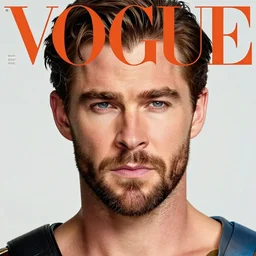 Chris Hemsworth as Wonder Woman, Vogue cover photo, realistic face, detailed face, highly detailed, professional photo