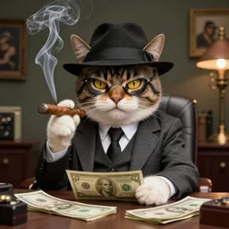 A portrait of an evil-looking cat wearing a fedora smoking a cigar and counting money bills inside an Italian mobster office, 4K