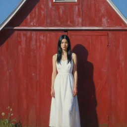 hyper realistic detailed painting of a young woman in the shadow of a red barn. black hair, white dress, sharp focus, art by eddie mendoza, wide angle.
