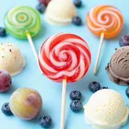 an ocean of lollipops, ice cream and blueberries