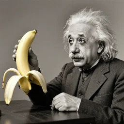 1940s photograph of Albert einstein trying to calculate why the banana is curved