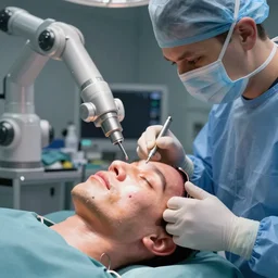a close up view of a face transplant in an operating room with robotic surgeons , photorealistic,by Wlop,4k resolution