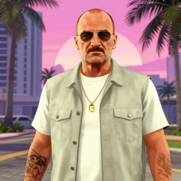 saul goodman in gta vice city, a game screenshot, miami, pink sunse