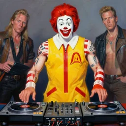 a painting of Ronald McDonald shirtless and muscular body with tattoos DJing with DJ turntables, craig mullins, greg rutkowski, mad magazine painting