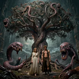 Adam and eve with a screaming worm monster, the tree of life, maximalist, high detail, 8k, ornate, dark fantasy, realistic, masterpiece, complex, WLOP, film still from the movie directed by Denis Villeneuve, wide angle