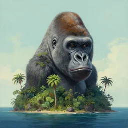 painting of a small desolate jungle island with a prominent large rock formation in the shape of a gorillas head, trending on artstation