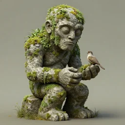 ancient stone golem covered in plants holding a delicate bird, art by anton fadeev