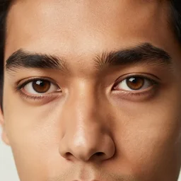 extreme close - up shot, studio photography portrait of a beautiful indian and southeast asian man, light brown eyes, in the style of saul leiter, intricate details, depth of field, warm lighting, 2 4 mm, 8 k
