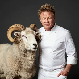 portrait of chef!! gordon ramsay!! as a ram sheep with horns and wool