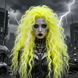 highly detailed portrait of wasteland punk long curly bright yellow and white plasma electricity hair tribal lady, stray electric spark wiring by atey ghailan, james gilleard, by joe fenton, by greg rutkowski, by greg tocchini, by kaethe butcher, 4 k resolution, gradient yellow, black and white color scheme!!! ( ( lightning cloudy robotic dystopian city background ) )