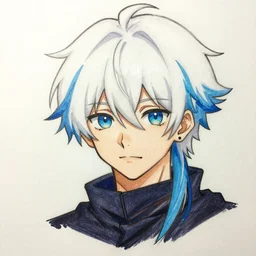 anime boy with white hair and blue highlights, drawn by Fungzau