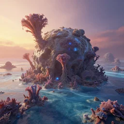 beautiful render of an alien methane world, unreal engine, first light, strange alien flora, methane ocean, serene sunset, proxima centauri a, soft light, by greg rutkowski, cgsociety