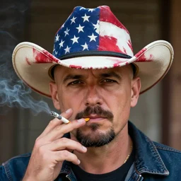bald man with goatee, middle of mustache removed, smoking a cigarette, wearing an american flag cowboy hat, hyper realistic