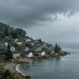 a small village by the sea. it's raining and the sky is grey. hyper detailed, digital art, artstation, cinematic lighting, studio quality, smooth render, by caravaggio, artgerm, greg rutkowski, craig mullins