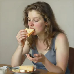 a beautiful curvy woman eating cheese, very detailed, 4 k, by peter doig